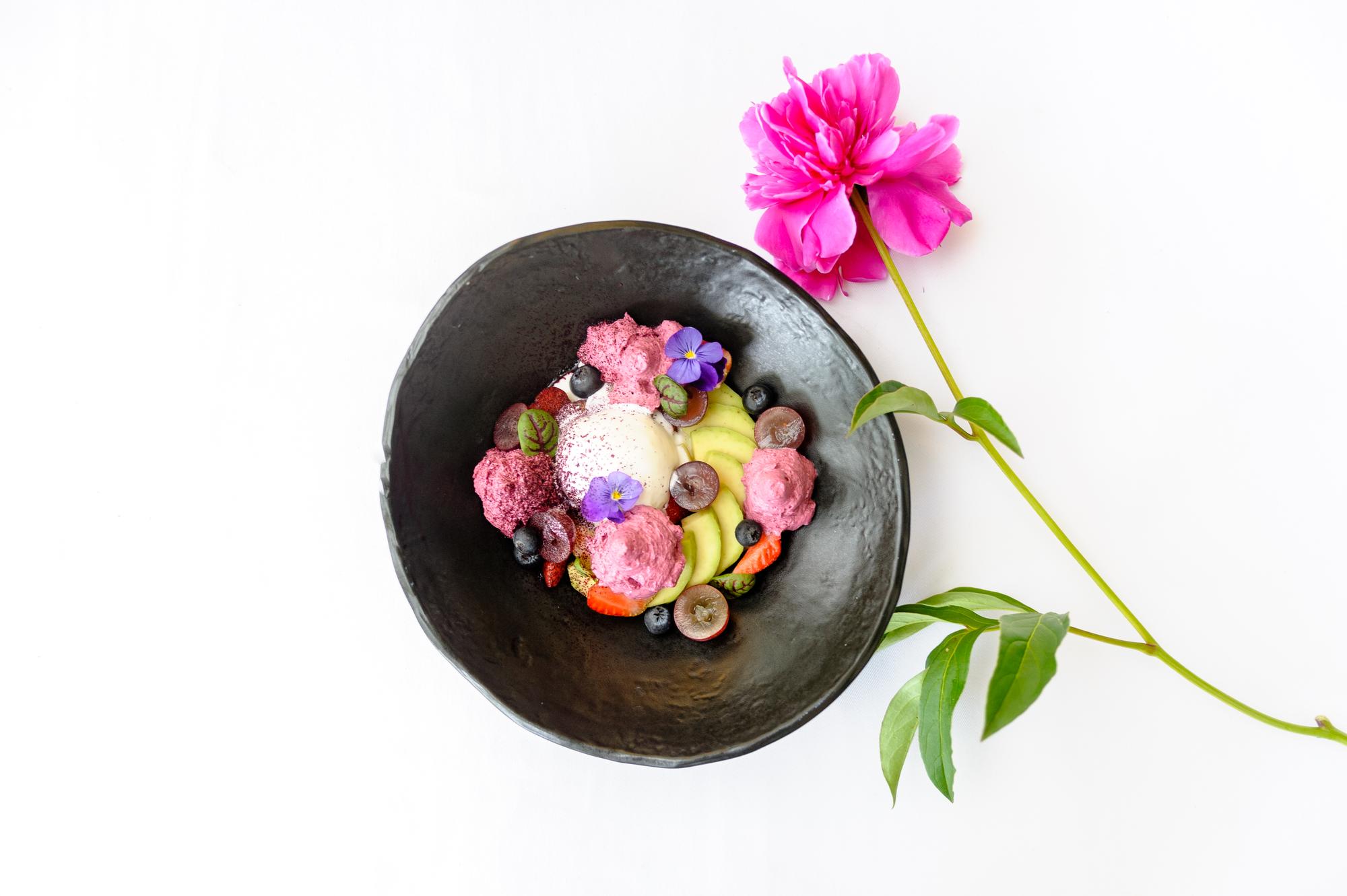 Dessert plated with edible flowers